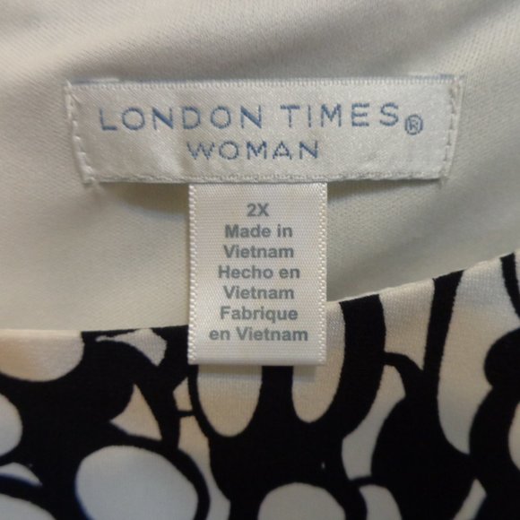 LONDON TIMES WOMAN Black/White Ruched Side Stretch Half Sleeve Dress Sz 2x NWT - Picture 7 of 7